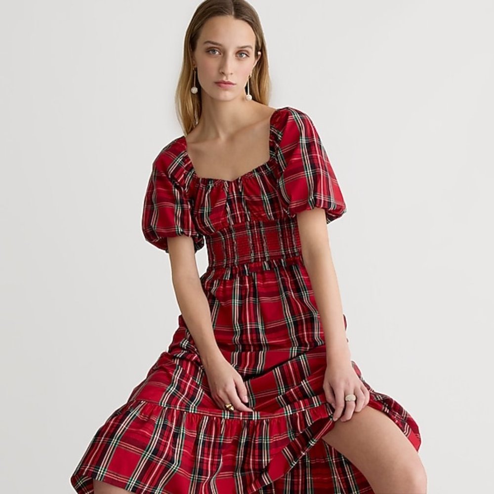 J Crew Smocked puff-sleeve cotton poplin midi dress Deep Ruby Good Tidings plaid